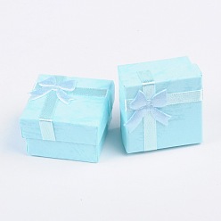 Sky Blue Cardboard Ring Boxes, with Satin Ribbons Bowknot outside, Square, Sky Blue, 41x41x26mm