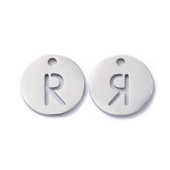Letter R 201 Stainless Steel Charms, Flat Round with Letter, Stainless Steel Color, Letter.R, 12x1mm, Hole: 1.5mm