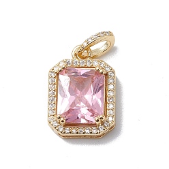 Pink Rack Plating Brass Micro Pave Cubic Zirconia Rings, Long-Lasting Plated, Cadmium Free & Lead Free, With Jump Ring, Rectangle, Pink, 17x12x5.5mm, Hole: 5x2.5mm