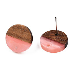 Salmon Resin & Walnut Wood Stud Earring Findings, with 304 Stainless Steel Pin, Flat Round, Salmon, 14mm, Hole: 1.8mm, Pin: 0.7mm