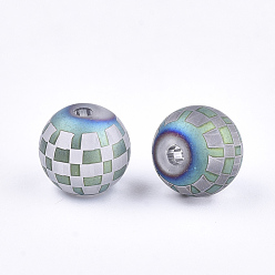 Cadet Blue Electroplate Glass Beads, Plaid Beads, Frosted, Round with Tartan Pattern, Cadet Blue, 8~8.5mm, Hole: 1.5mm