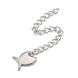 Stainless Steel Color 304 Stainless Steel Chain Extender, Curb Chain, with 202 Stainless Steel Charms, Fish, Stainless Steel Color, 63mm, Link: 3.7x3x0.5mm, Fish: 10x8.5x1mm