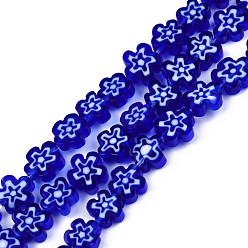 Azul Medio Hilos de perlas de vidrio millefiori artesanal, seno de ciruela, azul medio, 7~9x7.5~9x2.5~3 mm, agujero: 1 mm, sobre 52~54 unidades / cadena, 15.75 pulgada ~ 15.94 pulgada (40~40.5 cm)