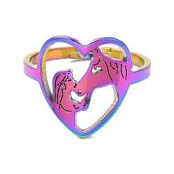 Rainbow Color Ion Plating(IP) 304 Stainless Steel Heart with Horse Adjustable Ring for Women, Rainbow Color, US Size 6(16.5mm)