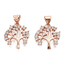 Rose Gold Brass Micro Pave Cubic Zirconia Pendants, Tree of Life, Clear, Rose Gold, 18x15.5x2.5mm, Hole: 3.5x4.5mm
