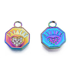 Rainbow Color 304 Stainless Steel Pendants, with Crystal Rhinestone, Octagon with Heart, Rainbow Color, 16.5x12.5x2mm, Hole: 3mm