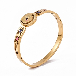 Golden Colorful Enamel Moon & Star Hinged Bangle, Ion Plating(IP) 304 Stainless Steel Jewelry for Women, Golden, Inner Diameter: 2 inch(5.1cm)x2-3/8 inch(5.9cm)