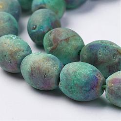 Green Plated Electroplated Natural Druzy Geode Agate Bead Strands, Drum, Green Plated, 11.5~12x10mm, Hole: 1mm, about 16pcs/strand, 7.67 inch