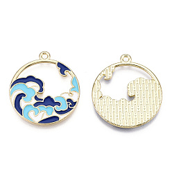 Blue Chinese Style Alloy Enamel Pendants, Cadmium Free & Lead Free, Flat Round with Sea Wave, Golden, Blue, 28x25x1.2mm, Hole: 1.8mm