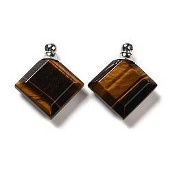 Tiger Eye Natural Tiger Eye Perfume Bottle Pendants, Faceted Rhombus Charms with Stainless Steel Color Tone 304 Stainless Steel Findings, 31x27~27.5x8.5~10mm, Hole: 2mm