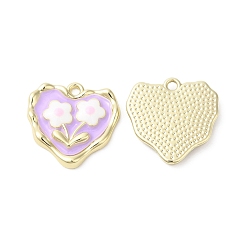 Lilac Alloy Eanmel Pendants, Heart with Flower Charm, Golden, Lilac, 18x18x2.5mm, Hole: 1.6mm
