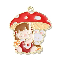 Camel Zinc Alloy Pendant, with Enamel, Mushroom with Girl and Rabbit, Light Gold, Camel, 30x25x1.5mm, Hole: 1.6mm