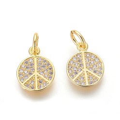 Golden Brass Micro Pave Cubic Zirconia Charms, Lead Free & Cadmium Free, Clear, Peace Sign, Golden, 11x9x2mm, Hole: 3mm