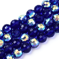 Bleu Moyen  Transparentes perles de verre de galvanoplastie brins, facette, demi couleur ab plaqué, ronde, bleu moyen, 8x7~7.5mm, Trou: 1.0mm, environ 71~72 pcs / brin, 20.20~21.85 pouce (51.3~55.5 cm)