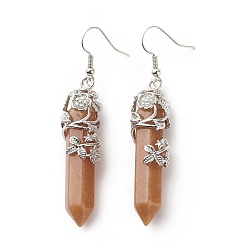 Red Aventurine Natural Red Aventurine Bullet with Flower Dangle Earrings, Platinum Tone Brass Jewelry for Women, Cadmium Free & Lead Free, 62~63mm, Pin: 0.6mm