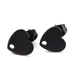 Electrophoresis Black 304 Stainless Steel Stud Earring Findings, Heart, Electrophoresis Black, 8.4x9x1mm, Pin: 0.8mm