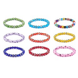 Couleur Mélangete 9 pcs 9 couleur faite à la main mauvais œil au chalumeau bracelets extensibles perlés ronds pour enfants, couleur mixte, diamètre intérieur: 1-7/8 pouce (4.7 cm), 1 pc / couleur