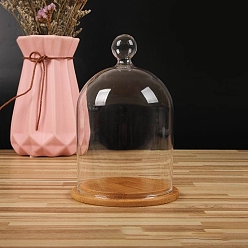 Round Clear Glass Dome Cover, Decorative Display Case, Cloche Bell Jar Terrarium with Bamboo Base, Round Pattern, 90x150mm