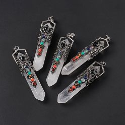 Quartz Crystal Natural Quartz Crystal Big Pendants, Rock Crystal, 7 Chakra Faceted Bullet Charms, with Rack Plating Antique Silver Tone Alloy Crown Findings, Cadmium Free & Lead Free, 84x20x19.5mm, Hole: 8x5mm