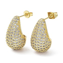 Clear Cubic Zirconia Teardrop Stud Earrings, Real 16K Gold Plated Brass Earrings for Woman, Clear, 20x12mm