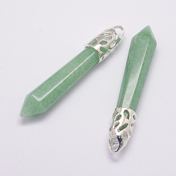 Green Aventurine Natural Green Aventurine Big Pointed Pendants, with Alloy Findings, Bullet, Platinum, 57~63x13x10mm, Hole: 3x4mm