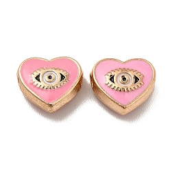 Pink Perlas de esmalte de la aleación, corazón con ojo de caballo, dorado, rosa, 9x10x4 mm, agujero: 1.6 mm