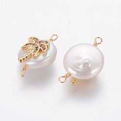 Coloré Connecteurs de liens de perles naturelles, avec accessoires zircon cubique micro pave en laiton, pépites de cocotier, or, colorées, 21~27x13~16x6~8mm, Trou: 1.6mm