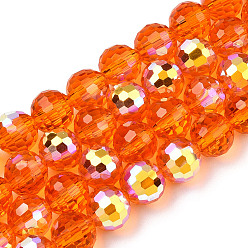 Orange Red Transparent Electroplate Glass Beads Strands, Faceted, Half AB Color Plated, Round, Orange Red, 8x7~7.5mm, Hole: 1.0mm, about 71~72 pcs/strand, 20.20~21.85 inch(51.3~55.5cm)