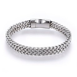 Stainless Steel Color 304 Stainless Steel Mesh Bracelets, with Magnetic Clasps, Stainless Steel Color, 8-1/4 inch(21cm), 9x4.5mm