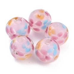 Pink Round Lampwork Beads, Plum Flower Petal Pattern, with Hole, Pink, 12mm, Hole: 1.8mm