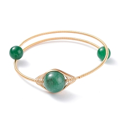 Зеленый Авантюрин Натуральный зеленый авантюрин круглый браслет из бисера, регулируемый браслет с крутящим моментом из медной проволоки для женщин, золотые, внутренний диаметр: 2 дюйм (5.2 см)