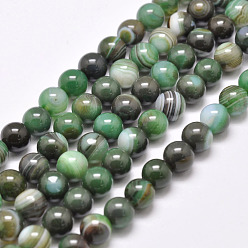 Lime Green Natural Striped Agate/Banded Agate Bead Strands, Dyed & Heated, Round, Grade A, Lime Green, 8mm, Hole: 1mm, about 48pcs/strand, 15.1 inch(385mm)