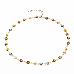 Colorful Golden Brass Flower Enamel Links Chain Necklaces, with Brass Curb Chains & Lobster Claw Clasps, Colorful, 17 inch(43.1cm)