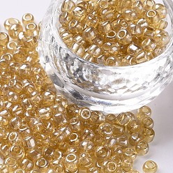 Pale Goldenrod Glass Seed Beads, Trans. Colours Lustered, Round, Pale Goldenrod, 4mm, Hole: 1.5mm, about 4500pcs/pound