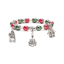 Colorful Glass Pearl Beaded Stretch Bracelet, Christmas Tree & Santa Claus & Gift Box Alloy Charm Bracelet for Women, Colorful, Inner Diameter: 2-1/4 inch(5.7cm)