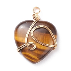 Tiger Eye Natural Tiger Eye Pendants, with Golden Tone Copper Wire Wrapped, Heart, 40.5x30x8.5mm, Hole: 4.2mm