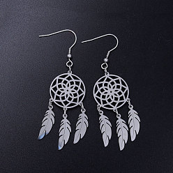 Stainless Steel Color 201 Stainless Steel Chandelier Earrings, Woven Net/Web with Feather, Stainless Steel Color, 70x20mm, Pin: 0.7mm