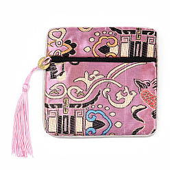 Pink Chinese Brocade Tassel Zipper Jewelry Bag Gift Pouch, Square with Flower Pattern, Pink, 11.5~11.8x11.5~11.8x0.4~0.5cm