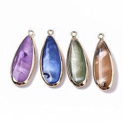 Mixed Color Natural Freshwater Shell Pendants, with Iron Loops, Edge Golden Plated, Dyed, Teardrop, Mixed Color, 31~33x10.5~12x5mm, Hole: 1.8mm