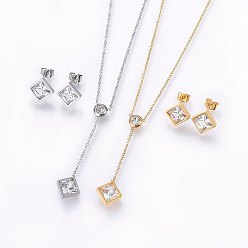 Mixed Color 304 Stainless Steel Jewelry Sets, Stud Earrings and Pendant Necklaces, with Rhinestone and Cubic Zirconia, Rhombus, Mixed Color, 16.54 inch(42cm), 12x12x4mm, pin: 0.8mm