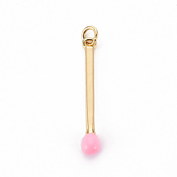 Pearl Pink Brass Enamel Pendants, with Jump Ring, Cadmium Free & Nickel Free & Lead Free, Match, Real 16K Gold Plated, Pearl Pink, 30x4.5mm, Jump Ring: 5x1mm, 3mm inner diameter