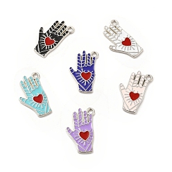 Mixed Color Alloy Enamel Pendants, Hand with Heart Pattern, Platinum, Mixed Color, 21.5x14x1.5mm, Hole: 1.6mm