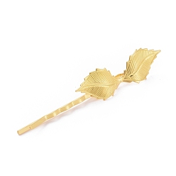 Golden Iron Hair Bobby Pins, with Brass Findings, Leaf, Long-Lasting Plated, Golden, 72x4.5mm, Leaf: 42x14mm