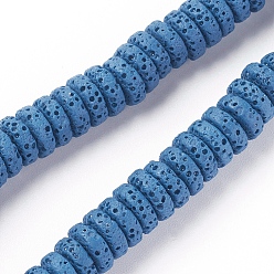 Bleu Acier Brins de perles de pierre de lave naturelle, teint, Plat rond / disque, bleu acier, 8~8.5x3~4mm, Trou: 2mm, environ 62 pcs / brin, 7.87 pouces (20 cm)