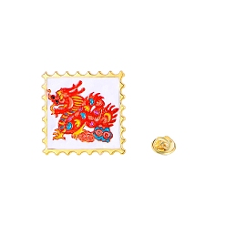 Rouge Épingles en émail en alliage de style chinois, broche carrée avec timbre de dragon, rouge, 28x28mm