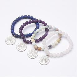 Mixed Stone Frosted Natural Gemstone Beaded Charm Bracelets, with Alloy Pendants, Tree of Life, Antique Silver, 2 inch(51mm)