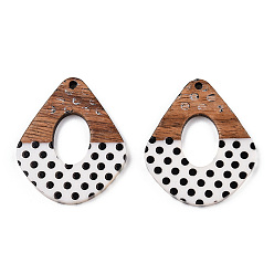 White Printed Opaque Resin & Walnut Wood Pendants, Hollow Kite Charm with Polka Dot Pattern, White, 38x32x3.5mm, Hole: 2mm