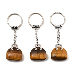 Œil De Tigre Porte-clés pendentif de sac en oeil de tigre naturel, avec les accessoires en laiton de tonalité de platine, pour sac bijoux cadeau décoration, 7.4 cm