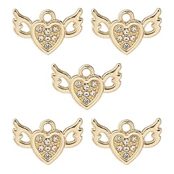 Light Gold Rack Plating Alloy Charms, with Crystal Rhinestone, Cadmium Free & Nickel Free & Lead Free, Heart with Wing, Light Gold, 10x15x2mm, Hole: 1.5mm