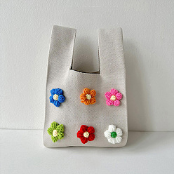 Floral White Polyester 3D Flower Knitted Tote Bags, Cartoon Crochet Handbags for Women, Floral White, 34x21cm